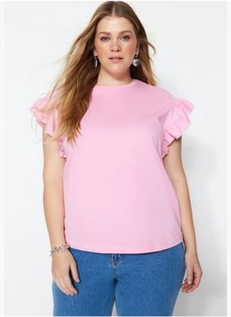 trendyol Pink Knitted Crewneck T-Shirt with Frill sleeves TBBSS23BF00006