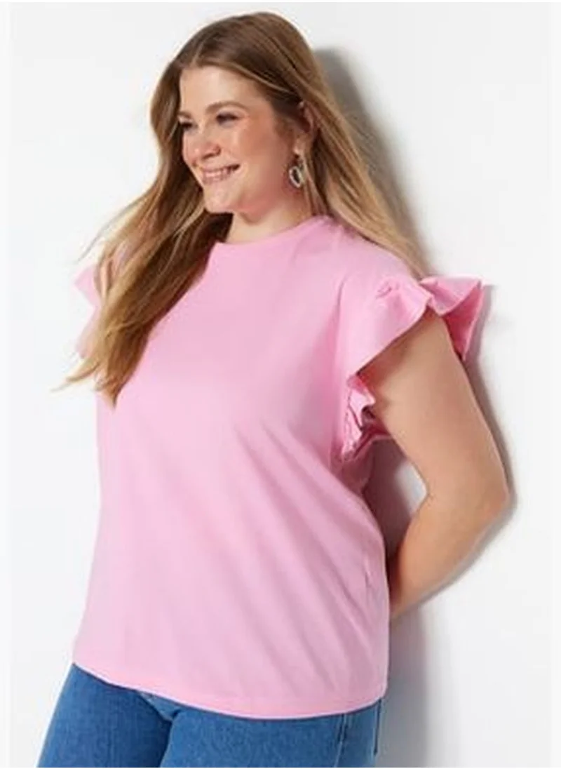 trendyol Pink Knitted Crewneck T-Shirt with Frill sleeves TBBSS23BF00006