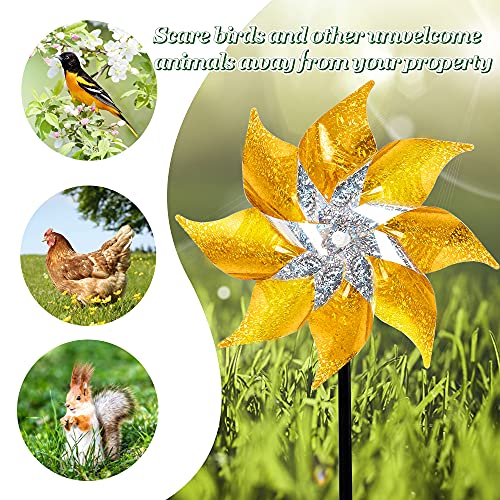 Hausse 10 Pack Reflective Pinwheels with Stakes, Extra Sparkly Pin Wheel for Garden Decor, Bird Repellent Devices Deterrent to Scare Birds Away from Yard Patio Farm, Golden - Image 5