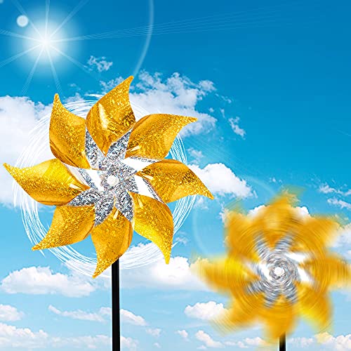 Hausse 10 Pack Reflective Pinwheels with Stakes, Extra Sparkly Pin Wheel for Garden Decor, Bird Repellent Devices Deterrent to Scare Birds Away from Yard Patio Farm, Golden - Image 4