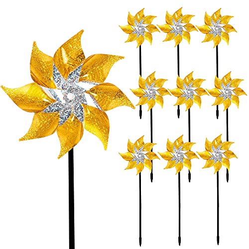 Hausse 10 Pack Reflective Pinwheels with Stakes, Extra Sparkly Pin Wheel for Garden Decor, Bird Repellent Devices Deterrent to Scare Birds Away from Yard Patio Farm, Golden - Image 1