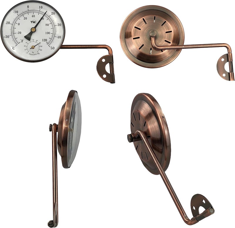 Thermometer World مقياس حرارة ورطوبة خارجي من النحاس مع تصميم قرص أنيق - مقياس حرارة حديقة مناسب لقياس درجة الحرارة والرطوبة الخارجية، مثبت على الحائط، الدفيئة، المرآب، مع ذراع متأرجح لسهولة التموضع | مقياس حرارة حديقة، مقياس درجة الحرارة والرطوبة، حائط، دفيئة، مرآب، ذراع متأرجح لسهولة التموضع - Image 2