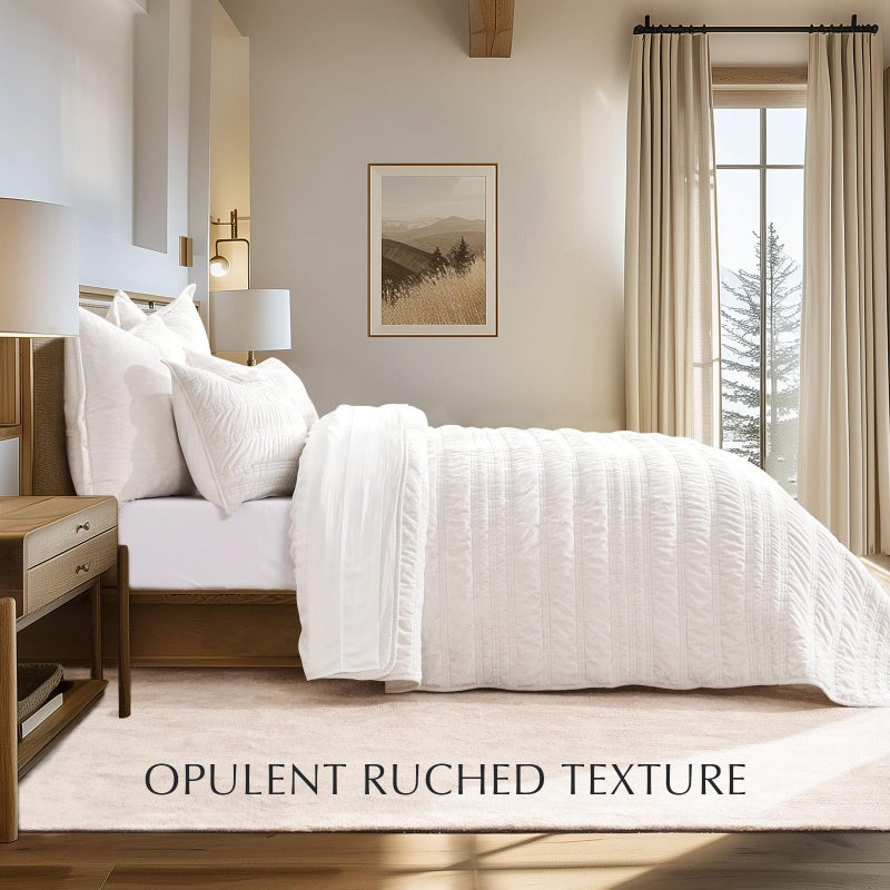 EVERGRACE Luxury Ruched Velvet Quilt Queen Size, Ultra Soft Bedspread Coverlet Set, Lightweight Velvet Comforter, Quilted Bedding Cover with 2 Matching Shams for All Season, Ivory White - Image 3