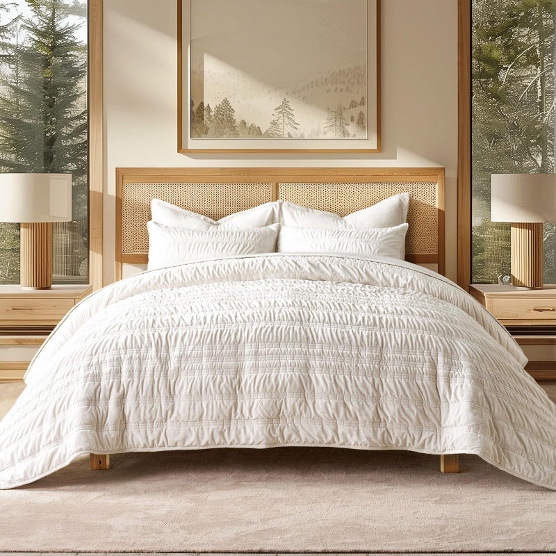 EVERGRACE Luxury Ruched Velvet Quilt Queen Size, Ultra Soft Bedspread Coverlet Set, Lightweight Velvet Comforter, Quilted Bedding Cover with 2 Matching Shams for All Season, Ivory White - Image 1