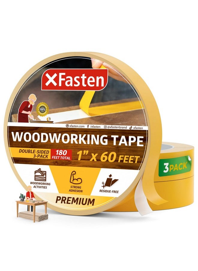XFasten Double Sided Woodworking Tape 1-Inch 180-Feet Total 3-Pack Double Stick Tape For Router Templates For Woodworking Tools; Wood Crafter Double Sided Tape | Double Face Tape Strong Wood Tape  - Image 1