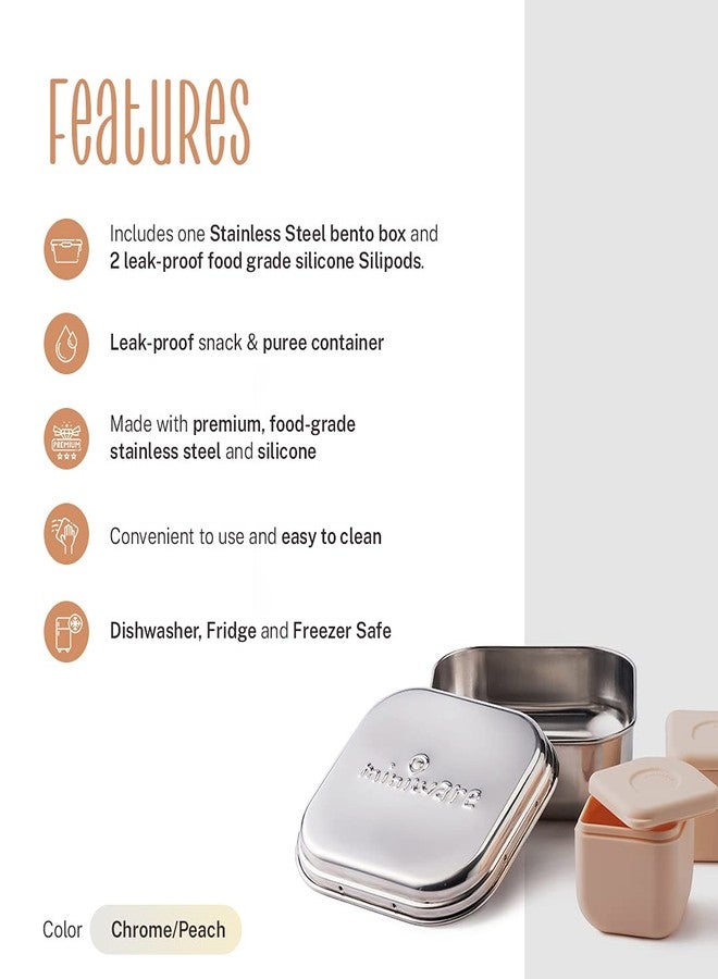 Miniware GrowBento Box and 2 Silipods | Durable 304 Stainless Steel Lunch Box and Leakproof Silicone Storage Containers Set | Grows from Baby Purees to School Lunches (Steel + Peach) - Image 2