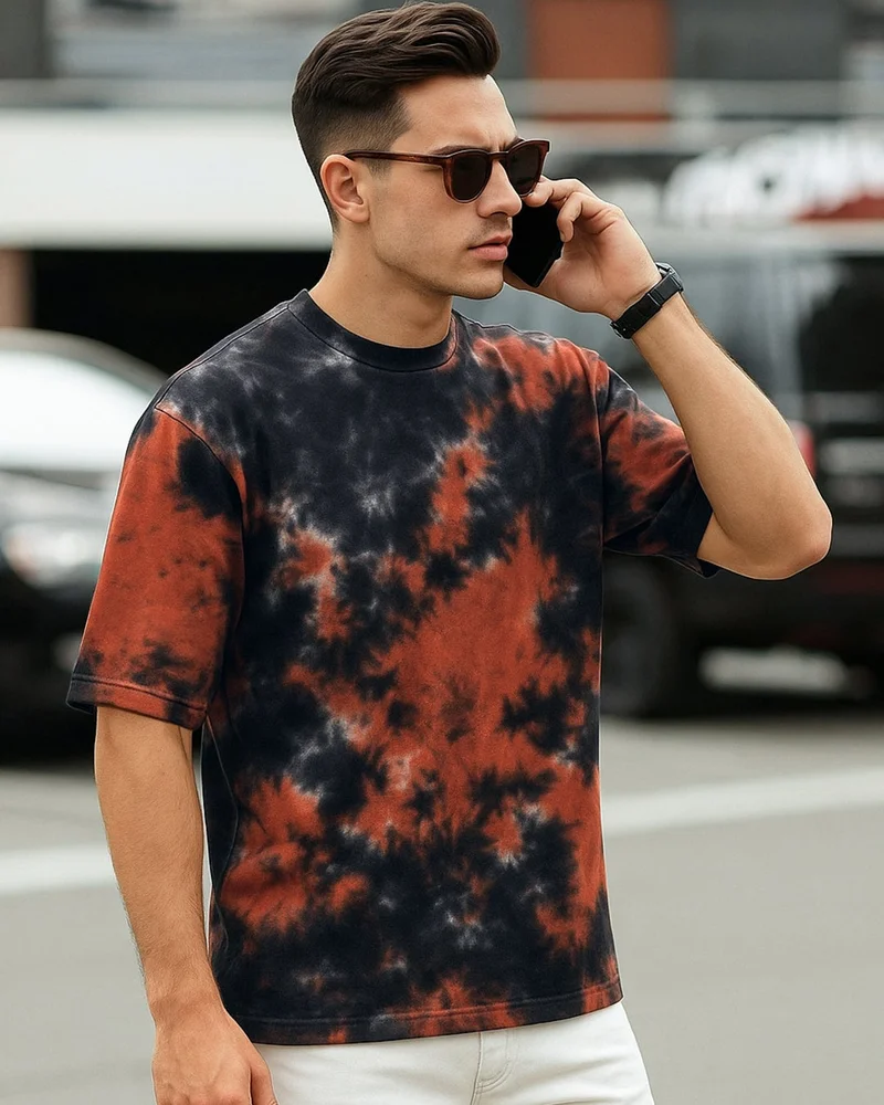 bewakoof Men's Black & Orange Tie & Dye Oversized T-shirt