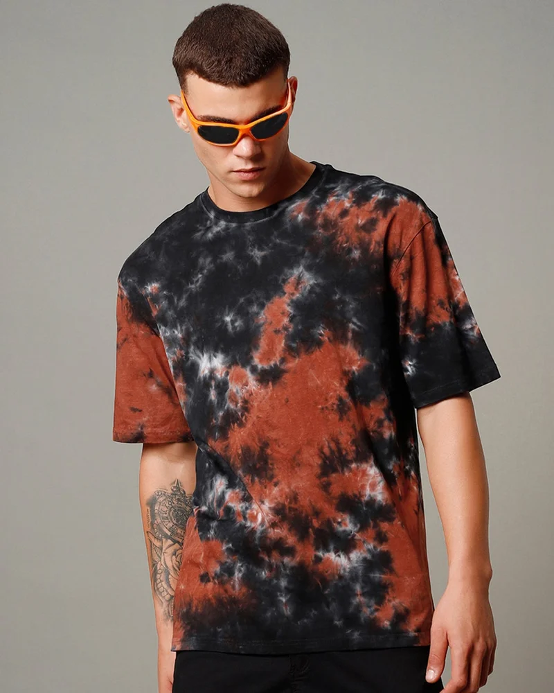 bewakoof Men's Black & Orange Tie & Dye Oversized T-shirt