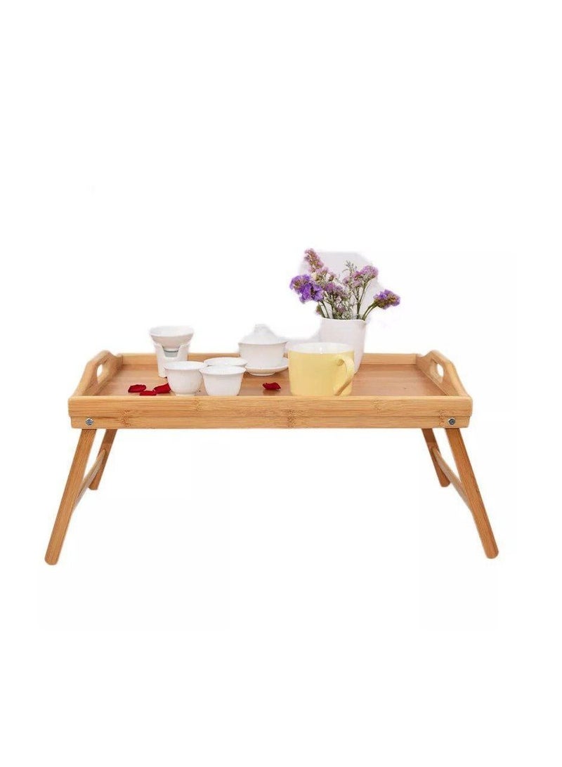 Bamboo bed tray with handles and folding legs with a raised edge, collation bedside table tray for breakfast - Image 1