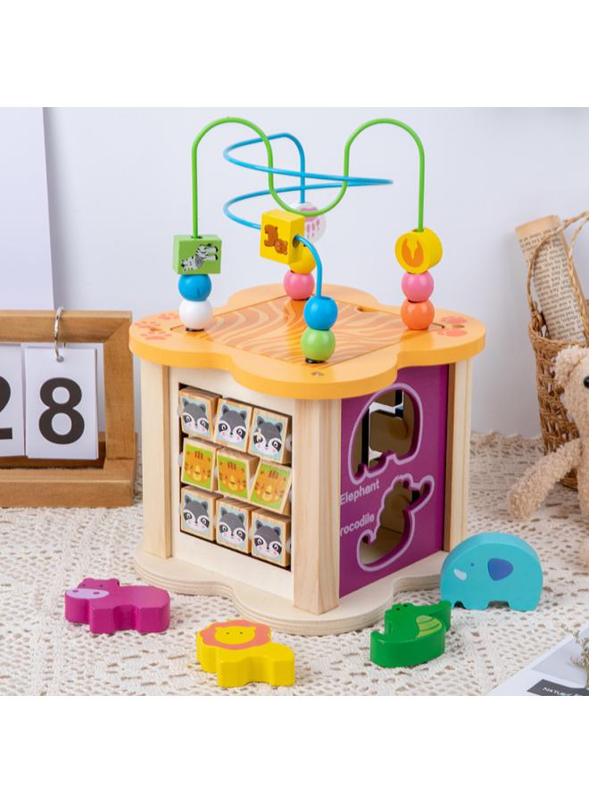 صندوق كنز لعبة الخرز متعددة الوظائف للأطفال من الخشب بأربعة جوانب لمطابقة الأشكال وتعليم الأطفال في مرحلة مبكرة