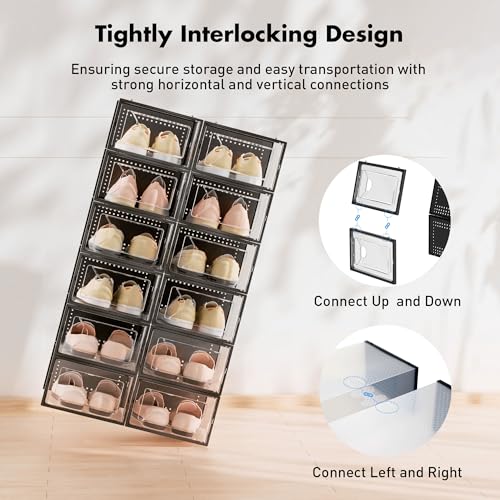 Foluck Shoe Storage Box, 15 Pack Clear Plastic Stackable Shoe Organizer for Closet, Interlocking Design for Sneakers, Foldable Shoes Container Rack with Lids, Black - Image 3