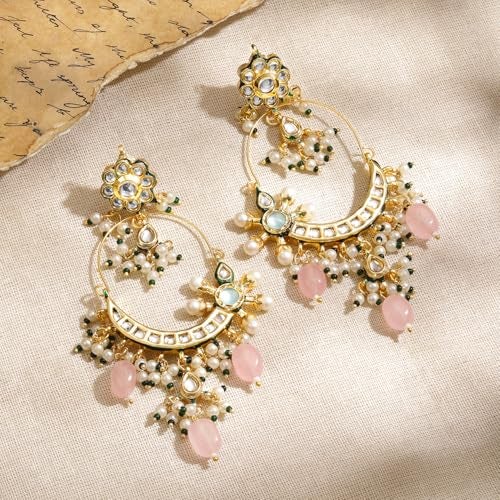 Rubans 22K Gold-Plated Pachi Kundan Chandbali Earrings with Rosy Pink Drops & White and Green Pearl Detailing for Women & Girls – Weddings & Festive Styling - Image 3