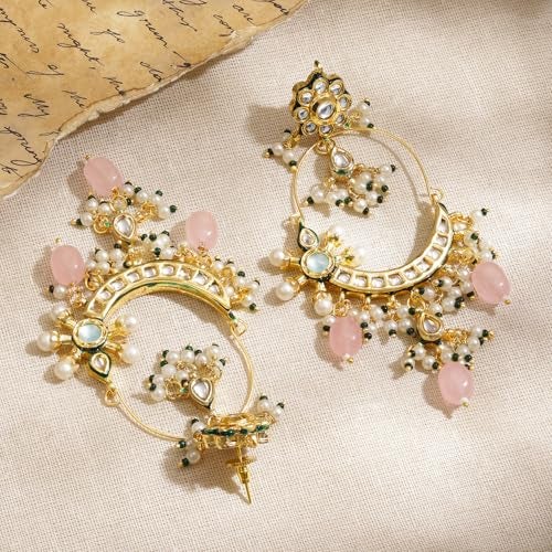 Rubans 22K Gold-Plated Pachi Kundan Chandbali Earrings with Rosy Pink Drops & White and Green Pearl Detailing for Women & Girls – Weddings & Festive Styling - Image 4