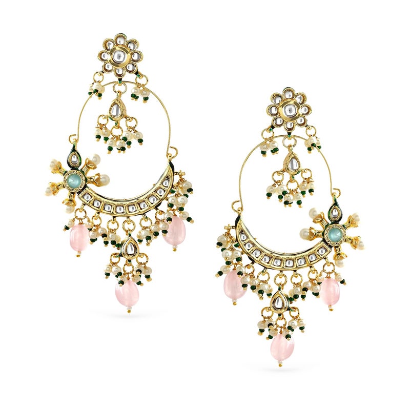Rubans 22K Gold-Plated Pachi Kundan Chandbali Earrings with Rosy Pink Drops & White and Green Pearl Detailing for Women & Girls – Weddings & Festive Styling - Image 5