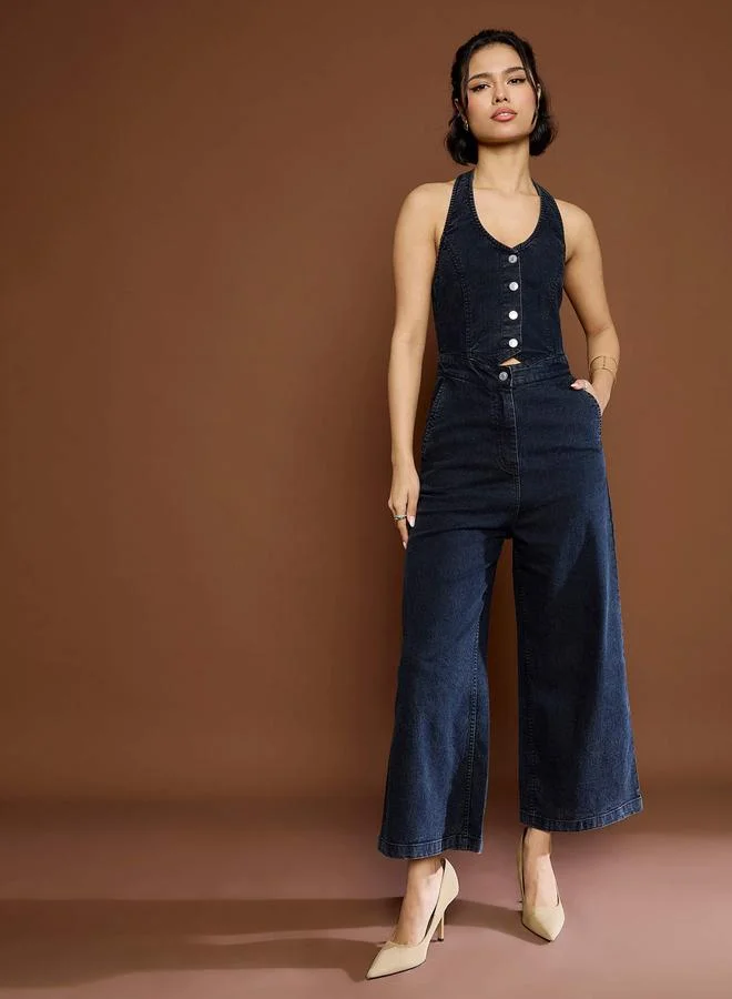 Black Washed Denim Halter Neck Jumpsuit