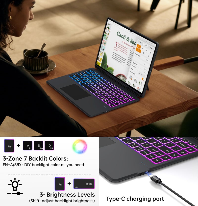 SNOODU for Samsung Galaxy Tab S11 Ultra/S10 Ultra/S9 Ultra/S8 Ultra 14.6 inch Keyboard Case: 3 Zone 7 Colors Backlit Keyboard with Trackpad | Touchpad Magnetic Detachable Key Board Cover with Pen Holder - Image 3