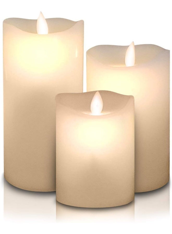 شموع اللهب - ضوء لهب متراقص LED واقعي - فتيل متحرك داخلي وخارجي - مجموعة 3 شموع عاجية غير معطرة تتلألأ - Image 1