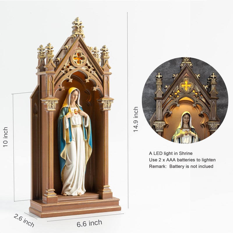 BC BUILDCLASSIC BC Catholic Immaculate Heart of Mary Statue, Virgin Mary Sculpture, 14.9" H Blessed Tabletop Shrine with LED Light, Religious Gift for Mother's Day, Renaissance Sculpture Handpainted by Buildclassic - Image 2