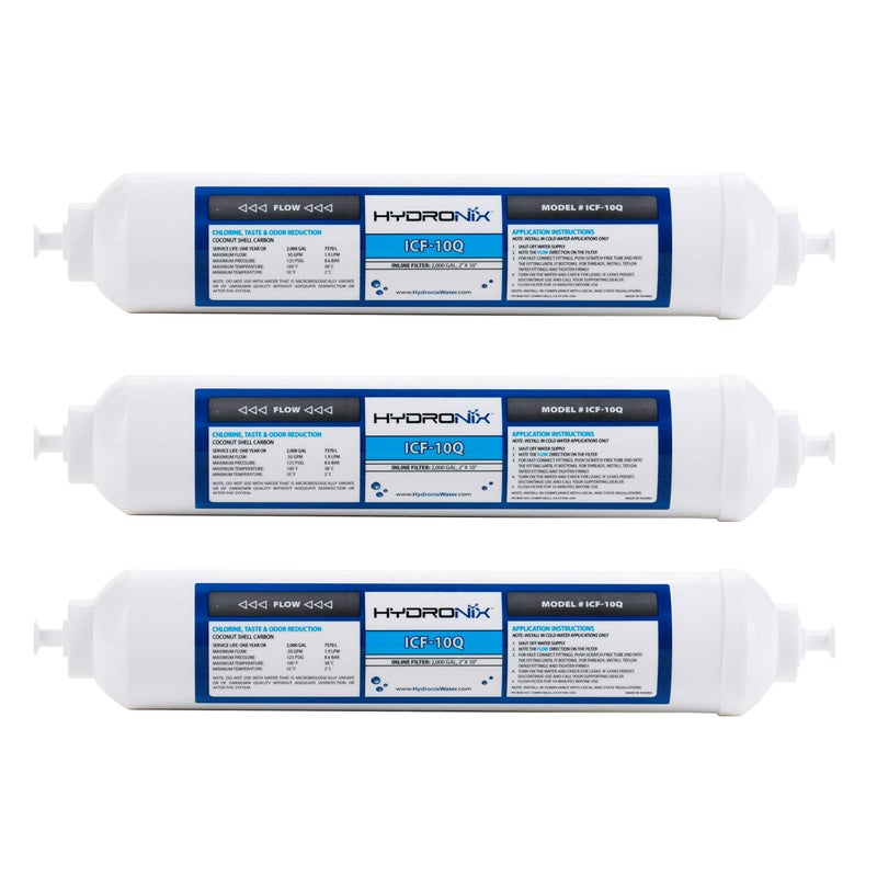Hydronix Hydronix ICF10Q3 Inline Post Activated Carbon Water Filter Replacement Cartridge with 14Inch Quick Connect for Refrigerator Ice Maker RO Reverse Osmosis System 2000 Gallons 3 Pack 