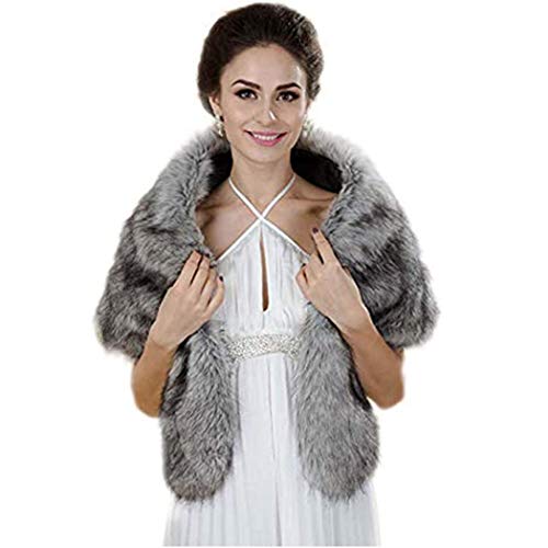 Aukmla Women's Wedding Fur Wraps and Shawls Bridal Fur Stoles Scarf with Rhinestones Brooch for Bride and Bridesmaids (Grey, US 4-14 (S-M)) - Image 1