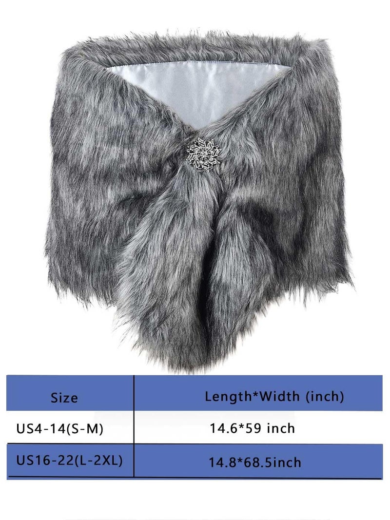Aukmla Women's Wedding Fur Wraps and Shawls Bridal Fur Stoles Scarf with Rhinestones Brooch for Bride and Bridesmaids (Grey, US 4-14 (S-M)) - Image 4