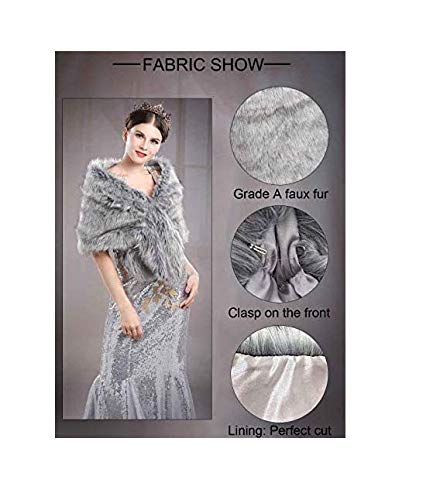 Aukmla Women's Wedding Fur Wraps and Shawls Bridal Fur Stoles Scarf with Rhinestones Brooch for Bride and Bridesmaids (Grey, US 4-14 (S-M)) - Image 3