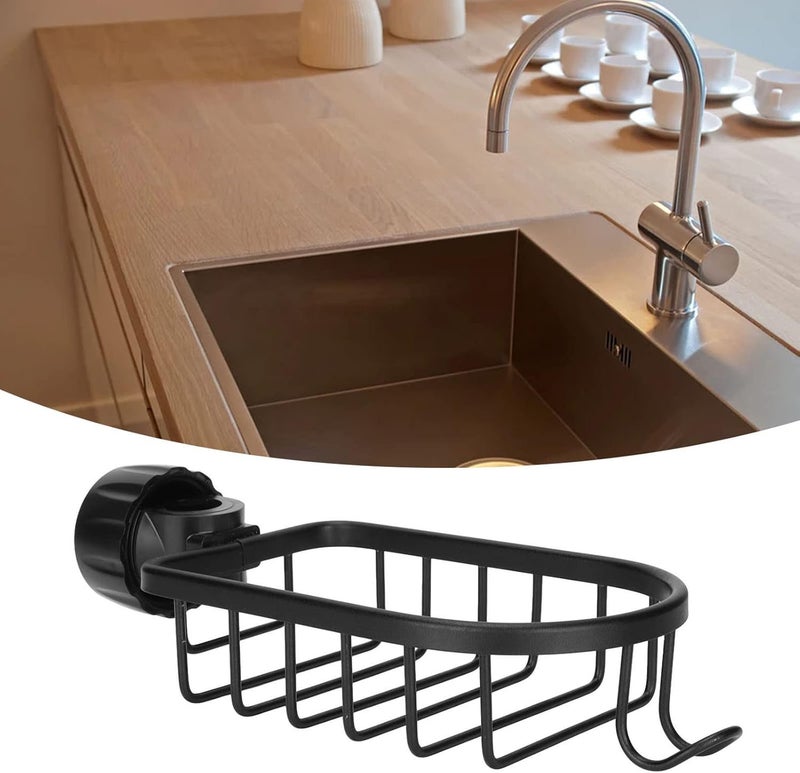 EVVIX Faucet Storage Rack, Sponge Holder Over Faucet, Adjustable Hanging Sponge Holder for Kitchen Sink, Hanging Drain Basket Holder Organizer Bathroom Accessory, Soap Holder for Sink Tap (Black) - Image 1