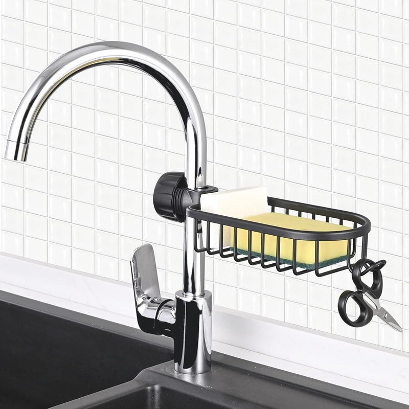 EVVIX Faucet Storage Rack, Sponge Holder Over Faucet, Adjustable Hanging Sponge Holder for Kitchen Sink, Hanging Drain Basket Holder Organizer Bathroom Accessory, Soap Holder for Sink Tap (Black) - Image 3