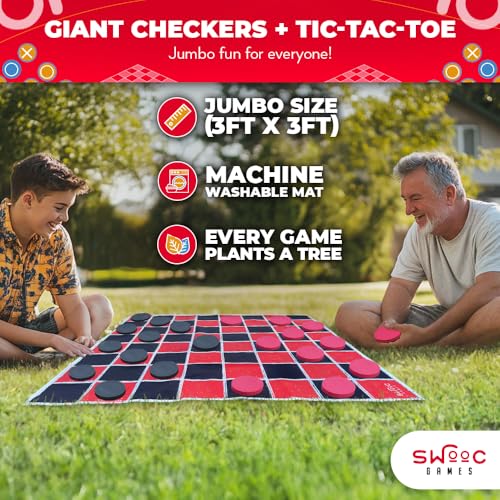 Swooc Games 2in1 Vintage Giant Checkers Tic Tac Toe Game WMat 3ft x 3ft 100 MachineWashable Canvas Giant Outdoor Games for Kids Yard Game for Kids Jumbo Lawn Set Large Checkers - Image 5