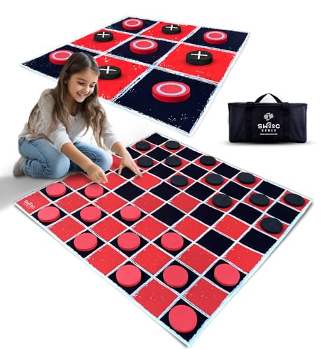 Swooc Games 2in1 Vintage Giant Checkers Tic Tac Toe Game WMat 3ft x 3ft 100 MachineWashable Canvas Giant Outdoor Games for Kids Yard Game for Kids Jumbo Lawn Set Large Checkers - Image 1