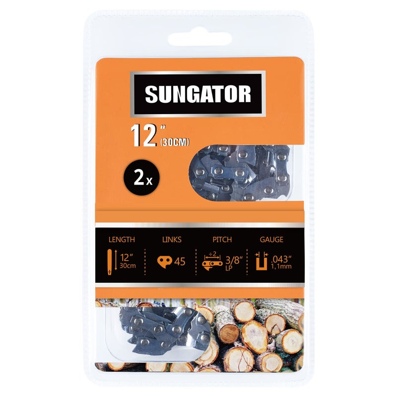 SUNGATOR 2-Pack 12 Inch Chainsaw Chain SG-R45, 3/8" LP Pitch - .043" Gauge - 45 Drive Links, Compatible with Craftsman, Ryobi, Dewalt