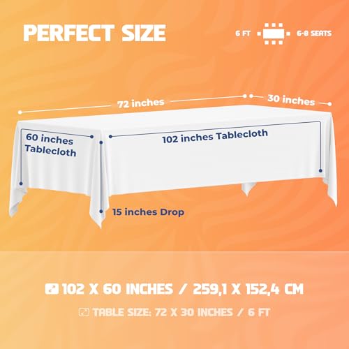 White Classic WEALUXE White Table Cloths for 6 Foot Rectangle Tables, 2-Pack, 60x102 inches, Water, Stain and Wrinkle Resistant, 200 GSM Washable Poly Fabric Tablecloths Rectangular, Elegant and Durable - Image 2