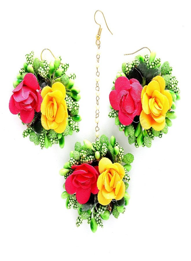 KENNICE Flower Earrings and Maang Tikka Jewellery Set for Wedding | Baby Shower | Haldi | Mehandi | Party in Pink and Yellow Colour for Girls and Women - Image 1