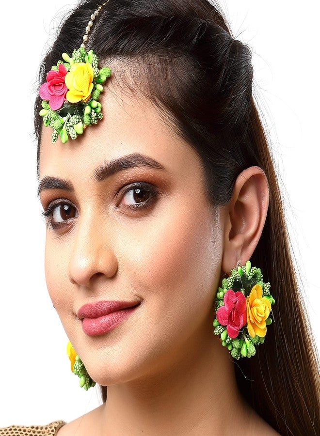 KENNICE Flower Earrings and Maang Tikka Jewellery Set for Wedding | Baby Shower | Haldi | Mehandi | Party in Pink and Yellow Colour for Girls and Women - Image 4
