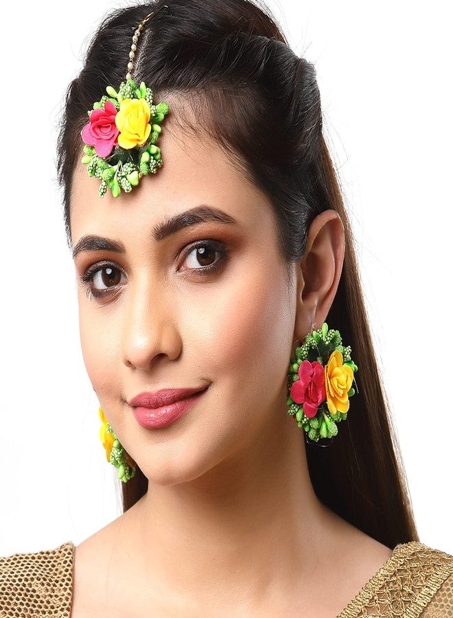 KENNICE Flower Earrings and Maang Tikka Jewellery Set for Wedding | Baby Shower | Haldi | Mehandi | Party in Pink and Yellow Colour for Girls and Women - Image 3