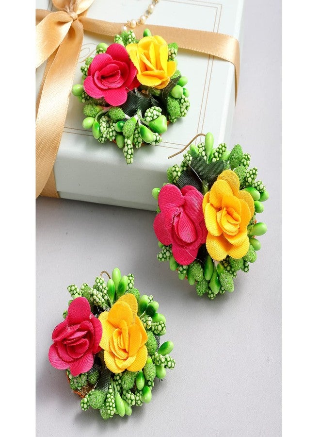 KENNICE Flower Earrings and Maang Tikka Jewellery Set for Wedding | Baby Shower | Haldi | Mehandi | Party in Pink and Yellow Colour for Girls and Women - Image 2