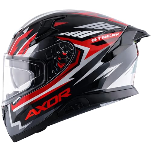 Axor Apex Streak ISI ECE and DOT Certified Gloss Finish Full Face Helmet for Men with Pinlock Fitted Outer Clear and Inner Sun Smoke Visor- Black Red Helmet-M - Image 1