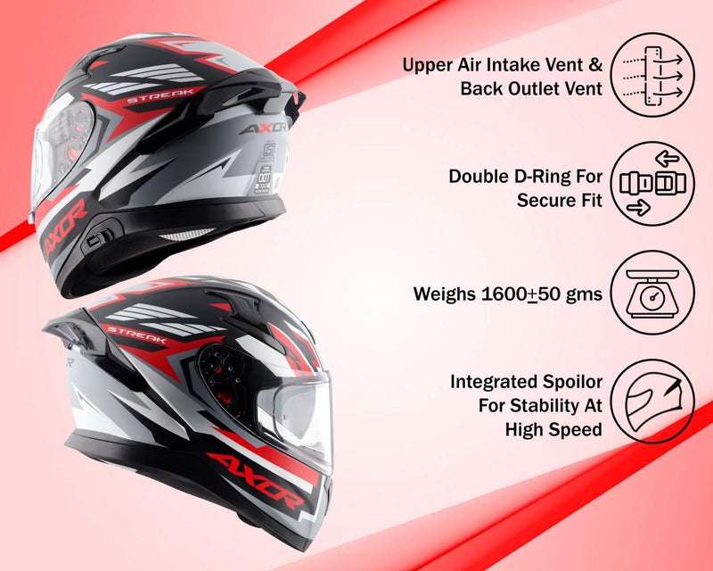 Axor Apex Streak ISI ECE and DOT Certified Gloss Finish Full Face Helmet for Men with Pinlock Fitted Outer Clear and Inner Sun Smoke Visor- Black Red Helmet-M - Image 4