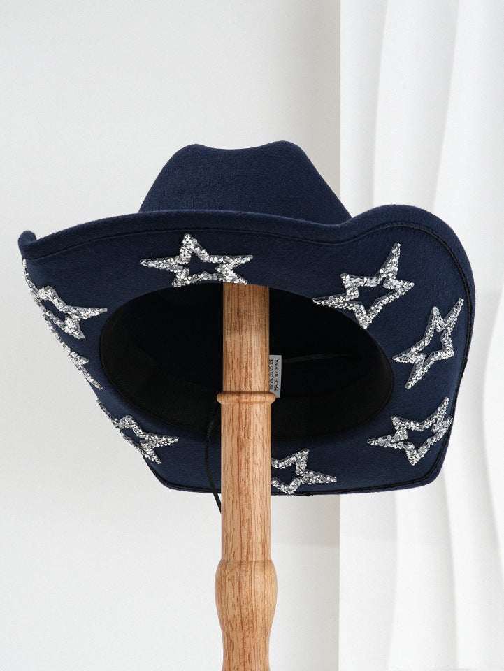 Star Rhinestone Cowboy Hat Women Western Bling Sparkly Party Hat Felt - Image 1