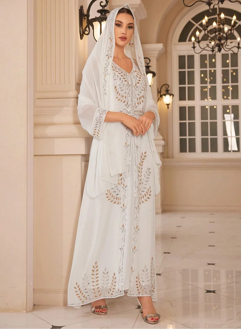 Madam Uniq Sequin Embroidered V Neck Islamic Full Length Kaftan Daily Casual Dress Womens Muslim Sequin Dress 3 Piece with Scarf
