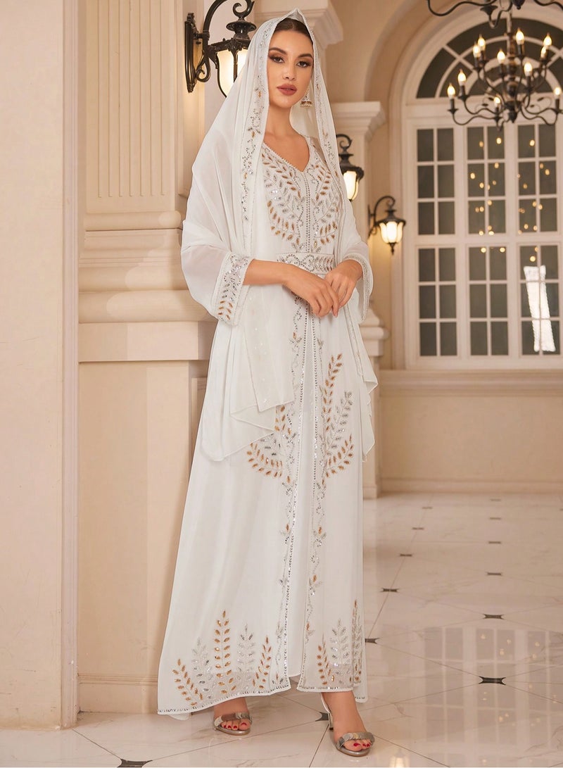 Madam Uniq Sequin Embroidered V Neck Islamic Full Length Kaftan Daily Casual Dress Womens Muslim Sequin Dress 3 Piece with Scarf  - Image 5