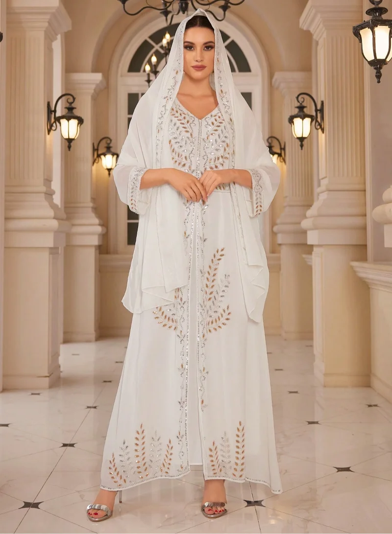 Madam Uniq Sequin Embroidered V Neck Islamic Full Length Kaftan Daily Casual Dress Womens Muslim Sequin Dress 3 Piece with Scarf