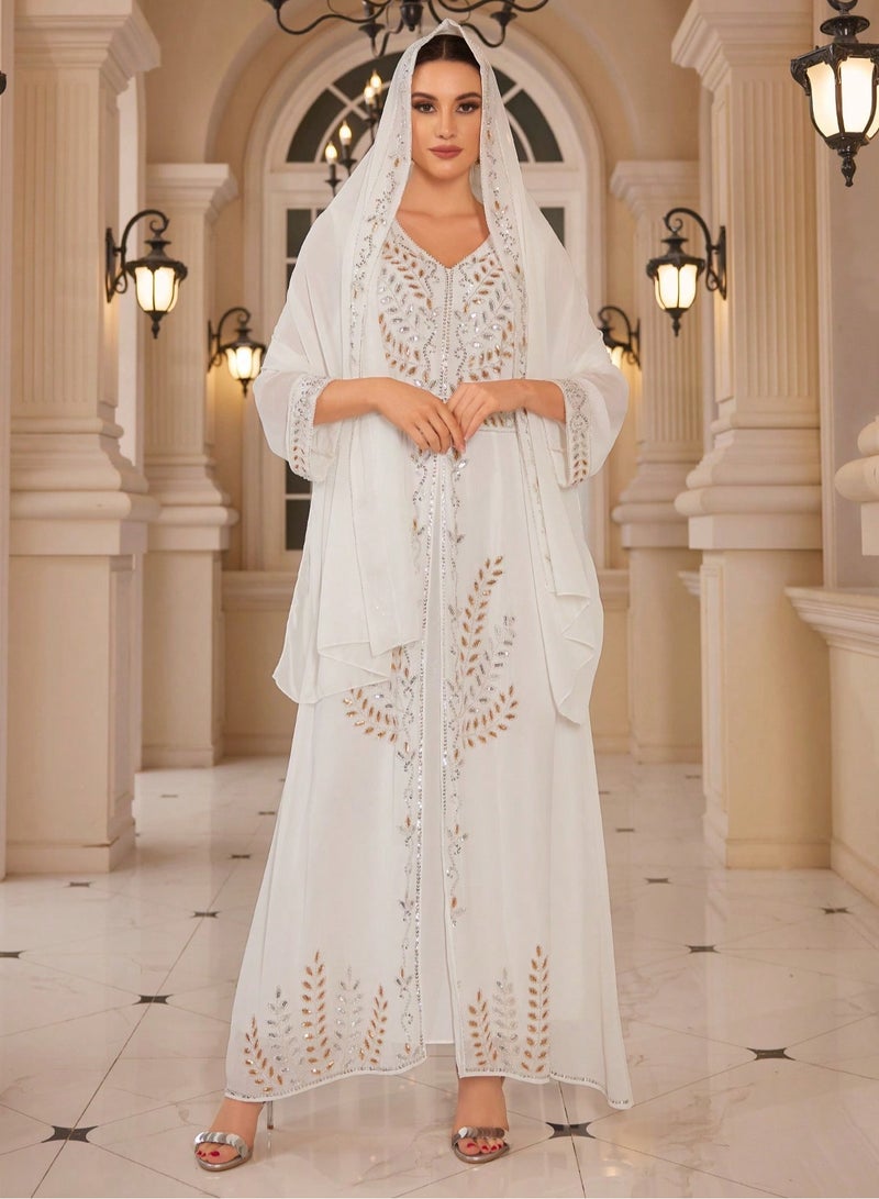 Madam Uniq Sequin Embroidered V Neck Islamic Full Length Kaftan Daily Casual Dress Womens Muslim Sequin Dress 3 Piece with Scarf  - Image 4