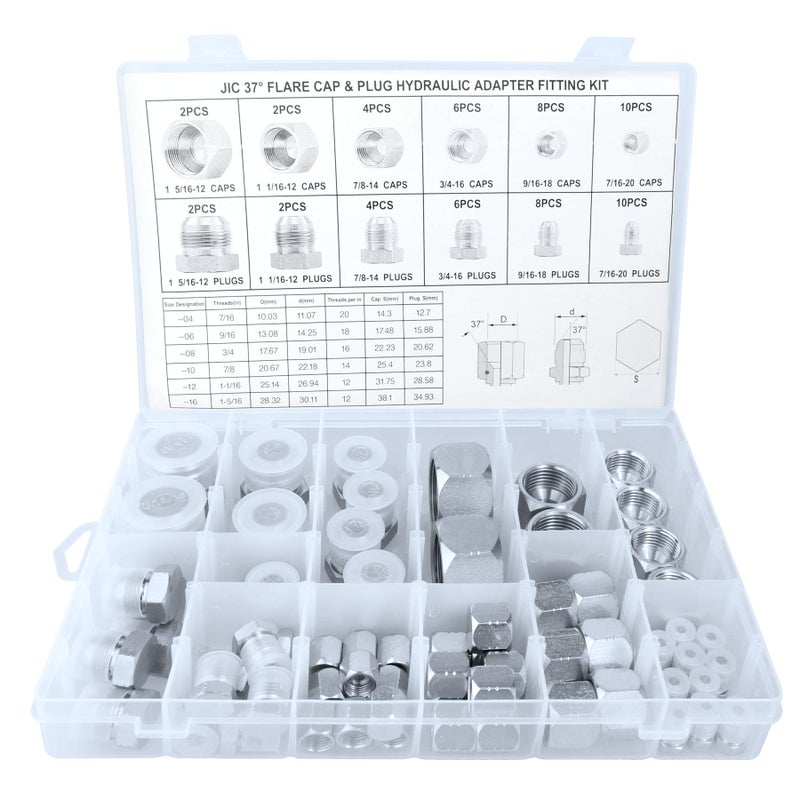 OKBA 64pcs JIC Plug and Cap Kit JIC 37 Flare Caps and Plugs Kit with Precision Threading Hydraulic Plugs and Caps Kit Set Dash Sizes 04 06 08 10 12 16