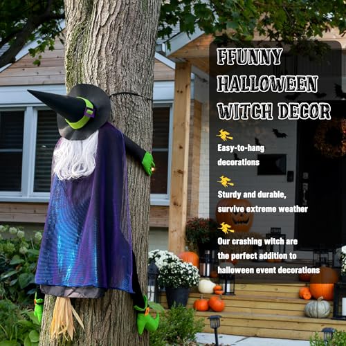 POPGIFTU 64" Large Crashing Witch into Tree Halloween Outdoor Decoration – Funny Flying Witch Yard Prop for Porch, Garden & Lawn, Weather-Resistant Halloween Decor - Image 5
