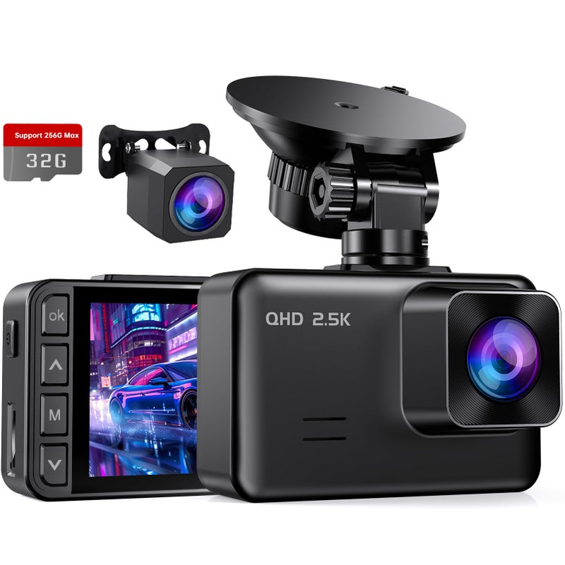 E-YEEGER Dash Cam Front and Rear, 2.5K+1080P Dual Dash Camera for Cars, 2â€™â€™ Display Mini Car Camera, G-Sensor Dashcam, Night Vision, 24H Parking Mode, Loop Recording, 170Â°Wide Angle, 32GB Card Included - Image 1