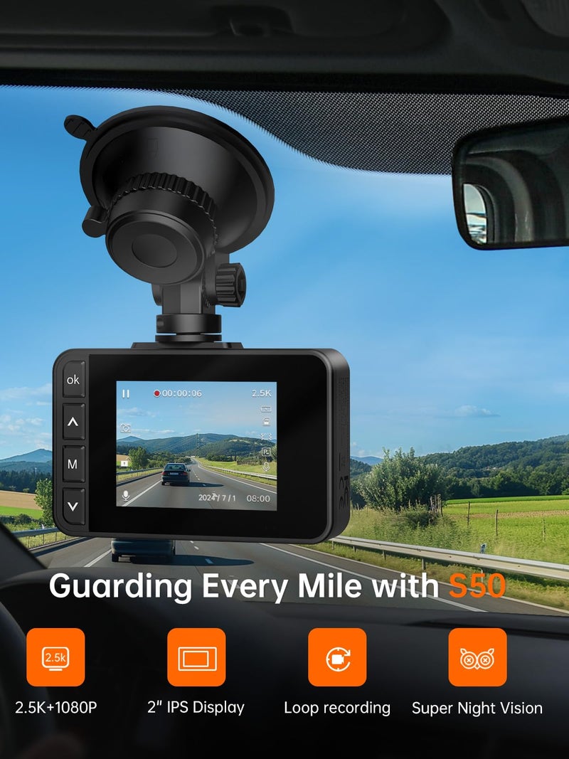 E-YEEGER Dash Cam Front and Rear, 2.5K+1080P Dual Dash Camera for Cars, 2â€™â€™ Display Mini Car Camera, G-Sensor Dashcam, Night Vision, 24H Parking Mode, Loop Recording, 170Â°Wide Angle, 32GB Card Included - Image 2