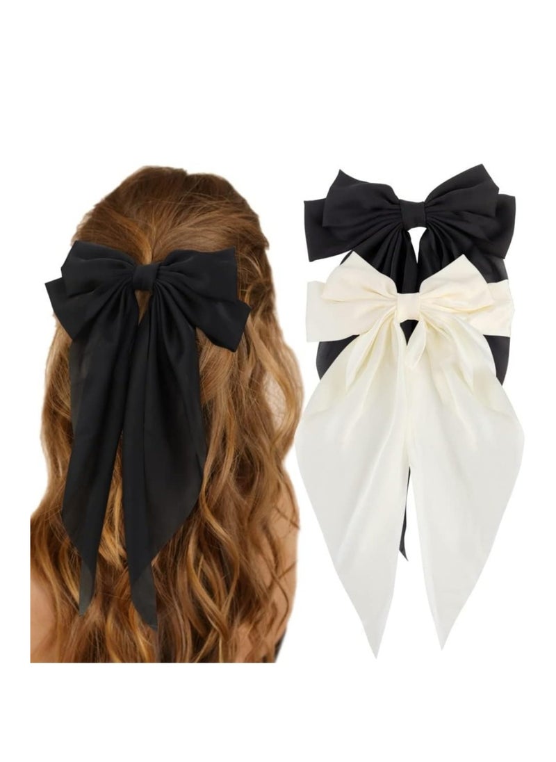 Generic 2 Pcs Silky Satin Hair Bows,Big Hair Bows for Women Hair Ribons Oversized Long Tail White Hair Bow Black Hair Bow Large Hair Barrettes for Women French Barrettes Metal Clips Hair Clip (White+Black)  - Image 1
