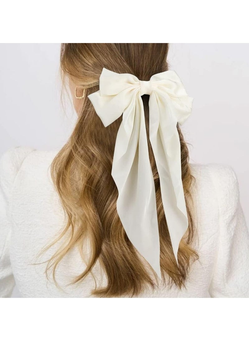 Generic 2 Pcs Silky Satin Hair Bows,Big Hair Bows for Women Hair Ribons Oversized Long Tail White Hair Bow Black Hair Bow Large Hair Barrettes for Women French Barrettes Metal Clips Hair Clip (White+Black)  - Image 2