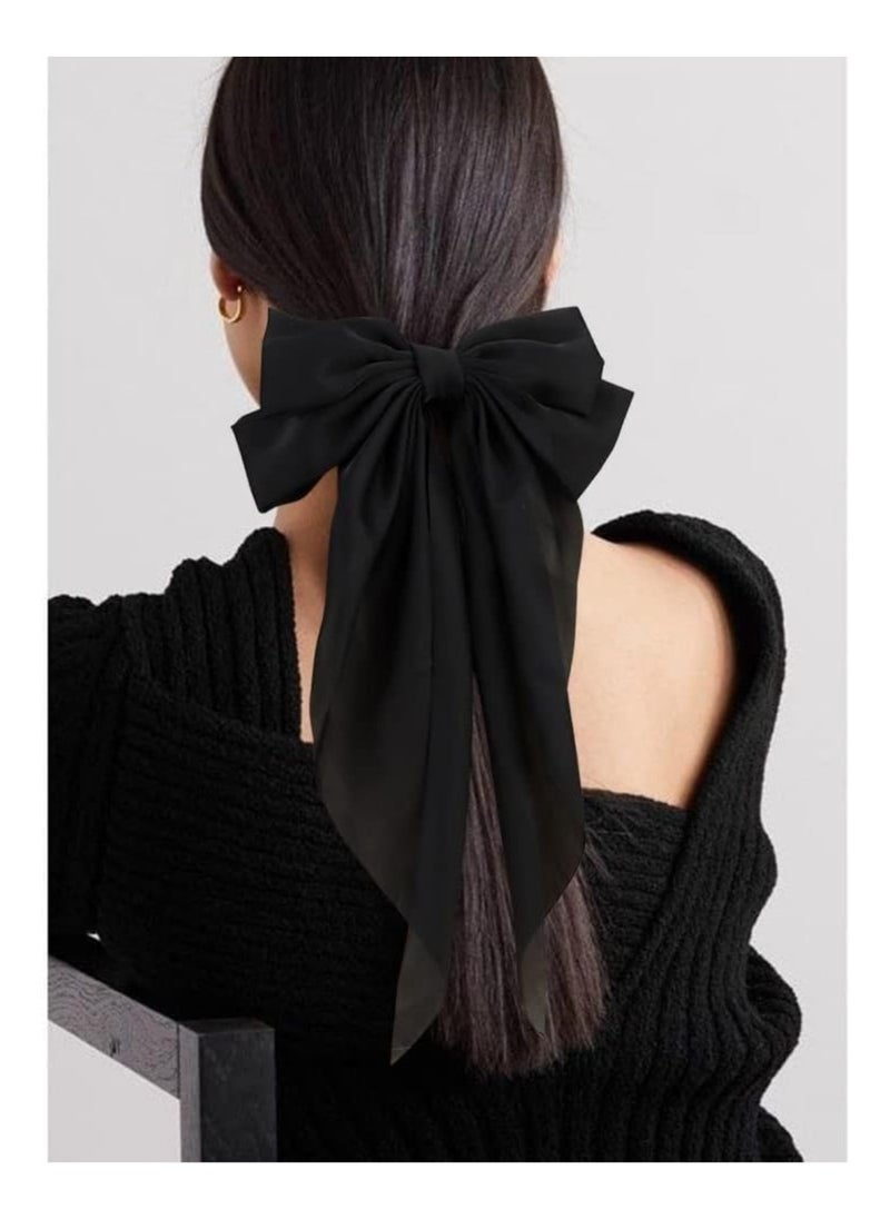 Generic 2 Pcs Silky Satin Hair Bows,Big Hair Bows for Women Hair Ribons Oversized Long Tail White Hair Bow Black Hair Bow Large Hair Barrettes for Women French Barrettes Metal Clips Hair Clip (White+Black)  - Image 3